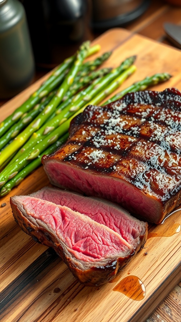 A perfectly cooked beef steak with a crust, garnished with salt and pepper, on a wooden board with grilled asparagus.